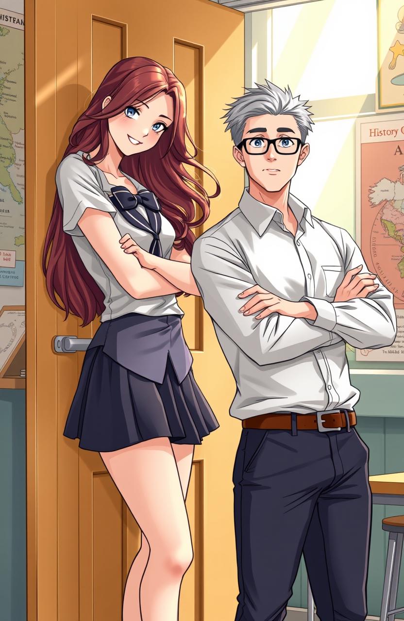 An illustration of a beautiful high school student with long, wavy hair, wearing a stylish yet slightly rebellious school uniform, leaning playfully against a classroom door