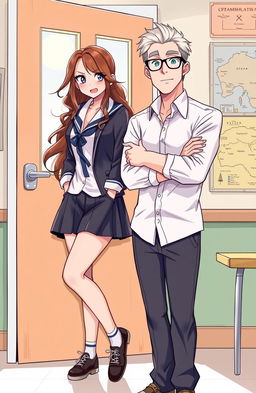 An illustration of a beautiful high school student with long, wavy hair, wearing a stylish yet slightly rebellious school uniform, leaning playfully against a classroom door
