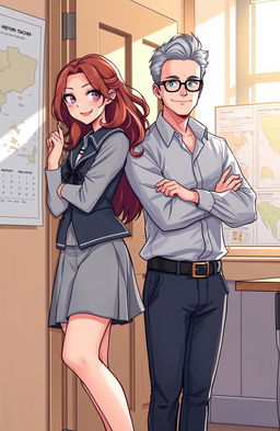 An illustration of a beautiful high school student with long, wavy hair, wearing a stylish yet slightly rebellious school uniform, leaning playfully against a classroom door