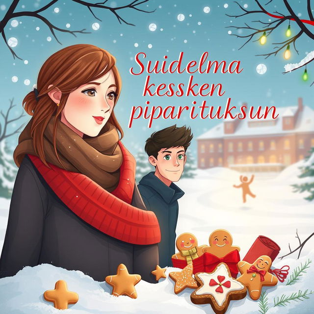 A festive and romantic book cover for 'Suudelma kesken piparintuoksun' (Kisses Between the Smell of Gingerbread), capturing the essence of a winter love story