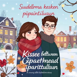 A festive and romantic book cover for 'Suudelma kesken piparintuoksun' (Kisses Between the Smell of Gingerbread), capturing the essence of a winter love story