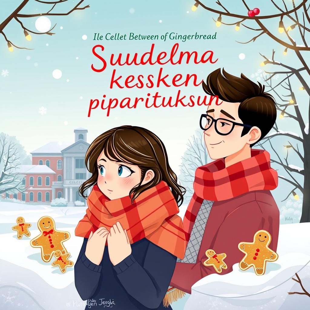 A festive and romantic book cover for 'Suudelma kesken piparintuoksun' (Kisses Between the Smell of Gingerbread), capturing the essence of a winter love story