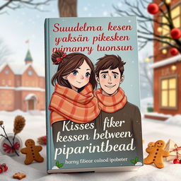 A festive and romantic book cover for 'Suudelma kesken piparintuoksun' (Kisses Between the Smell of Gingerbread), capturing the essence of a winter love story