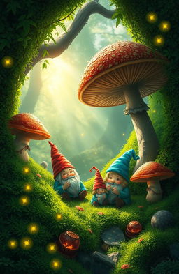 A whimsical fantasy scene depicting gnomes whispering secrets beneath lush, vibrant green moss