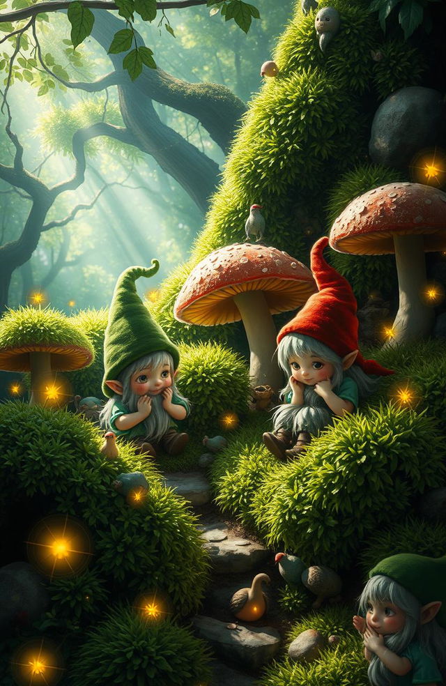 A whimsical fantasy scene depicting gnomes whispering secrets beneath lush, vibrant green moss