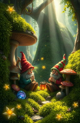 A whimsical fantasy scene depicting gnomes whispering secrets beneath lush, vibrant green moss