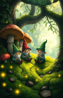 A whimsical fantasy scene depicting gnomes whispering secrets beneath lush, vibrant green moss