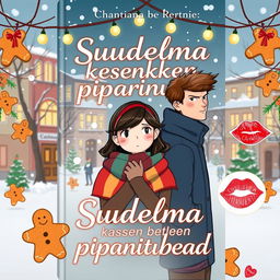 A charming and festive book cover for 'Suudelma kesken piparintuoksun' (Kisses Between the Smell of Gingerbread), portraying a heartfelt winter romance