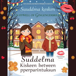 A charming and festive book cover for 'Suudelma kesken piparintuoksun' (Kisses Between the Smell of Gingerbread), portraying a heartfelt winter romance