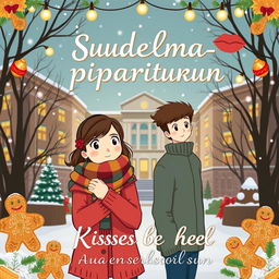 A charming and festive book cover for 'Suudelma kesken piparintuoksun' (Kisses Between the Smell of Gingerbread), portraying a heartfelt winter romance