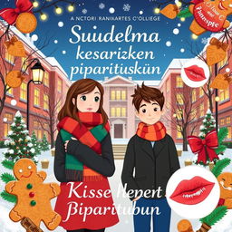 A charming and festive book cover for 'Suudelma kesken piparintuoksun' (Kisses Between the Smell of Gingerbread), portraying a heartfelt winter romance