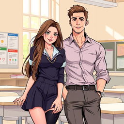 An illustration of a beautiful and alluring high school student with long, flowing hair, wearing a trendy yet slightly provocative school uniform that accentuates her figure