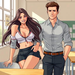 An illustration of a beautiful and alluring high school student with long, flowing hair, wearing a trendy yet slightly provocative school uniform that accentuates her figure