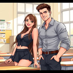 An illustration of a beautiful and alluring high school student with long, flowing hair, wearing a trendy yet slightly provocative school uniform that accentuates her figure