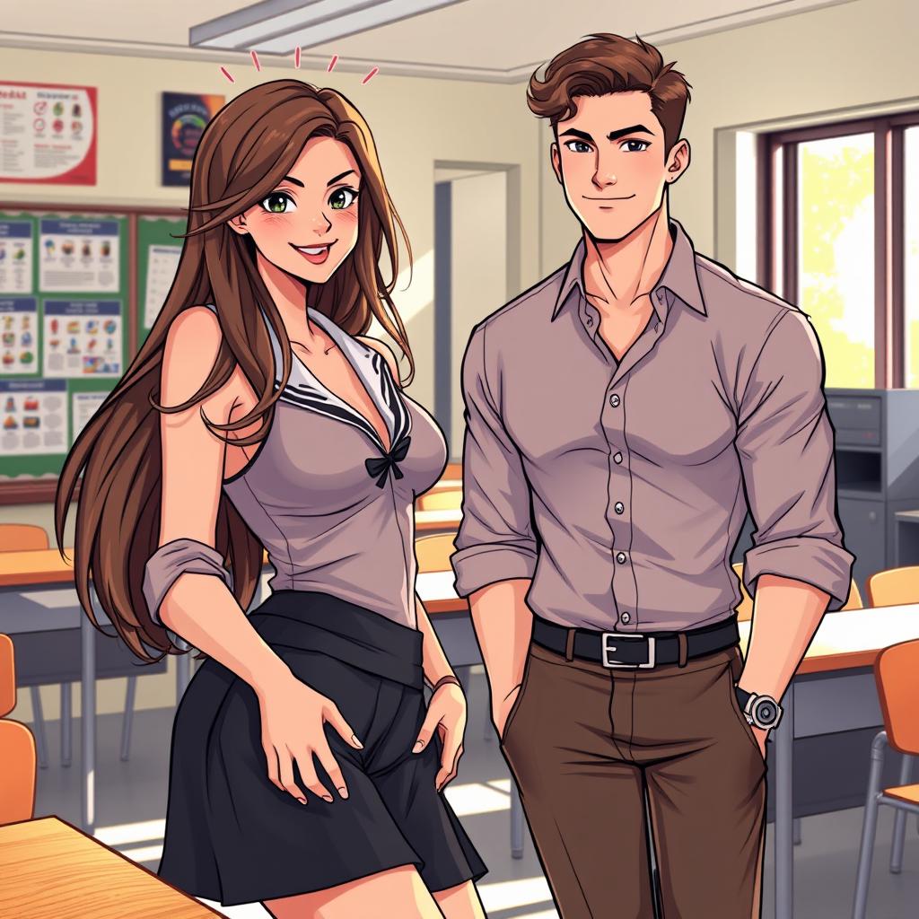 An illustration of a beautiful and alluring high school student with long, flowing hair, wearing a trendy yet slightly provocative school uniform that accentuates her figure