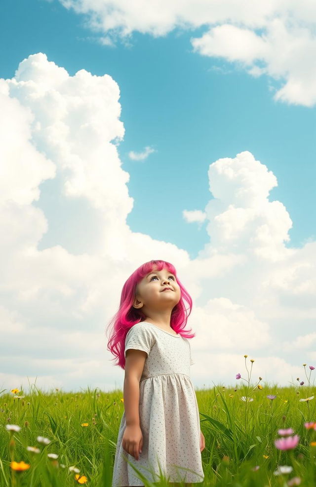 A young girl with vibrant pink hair standing in the center, gazing up at a beautiful sky filled with soft, fluffy clouds