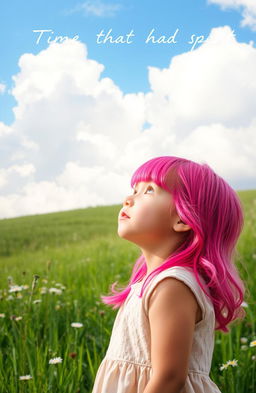 A young girl with vibrant pink hair standing in the center, gazing up at a beautiful sky filled with soft, fluffy clouds