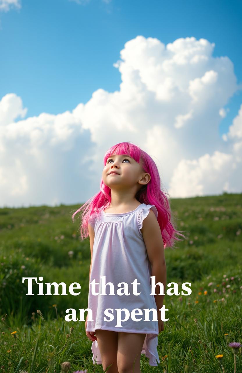 A young girl with vibrant pink hair standing in the center, gazing up at a beautiful sky filled with soft, fluffy clouds