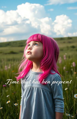 A young girl with vibrant pink hair standing in the center, gazing up at a beautiful sky filled with soft, fluffy clouds