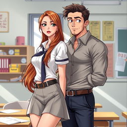 A realistic illustration of a beautiful high school student with long, flowing hair, wearing a fashionable yet provocative school uniform that highlights her figure
