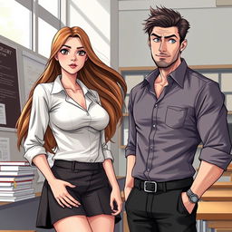 A realistic illustration of a beautiful high school student with long, flowing hair, wearing a fashionable yet provocative school uniform that highlights her figure
