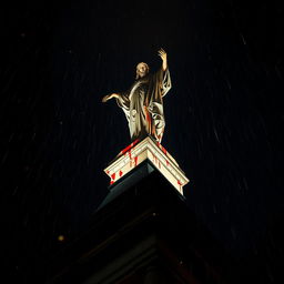 A dramatic perspective of a blood-stained statue perched atop a cathedral, vividly illuminated by dramatic uplighting