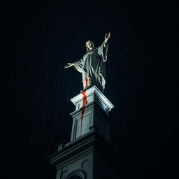 A dramatic perspective of a blood-stained statue perched atop a cathedral, vividly illuminated by dramatic uplighting
