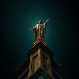 A dramatic perspective of a blood-stained statue perched atop a cathedral, vividly illuminated by dramatic uplighting