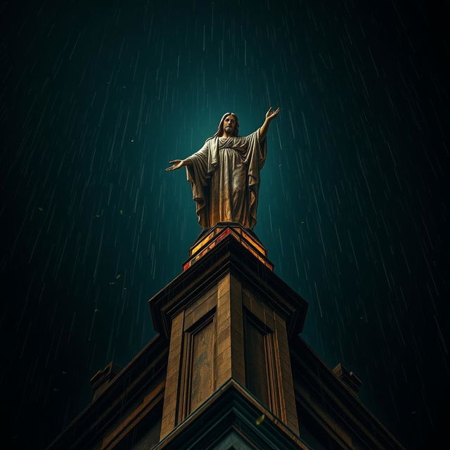 A dramatic perspective of a blood-stained statue perched atop a cathedral, vividly illuminated by dramatic uplighting