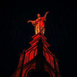 A dramatic perspective of a blood-stained statue perched atop a cathedral, vividly illuminated by dramatic uplighting