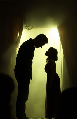 A captivating scene depicting two silhouettes, one standing dominantly over the other, set against a softly lit background that suggests intimacy and tension