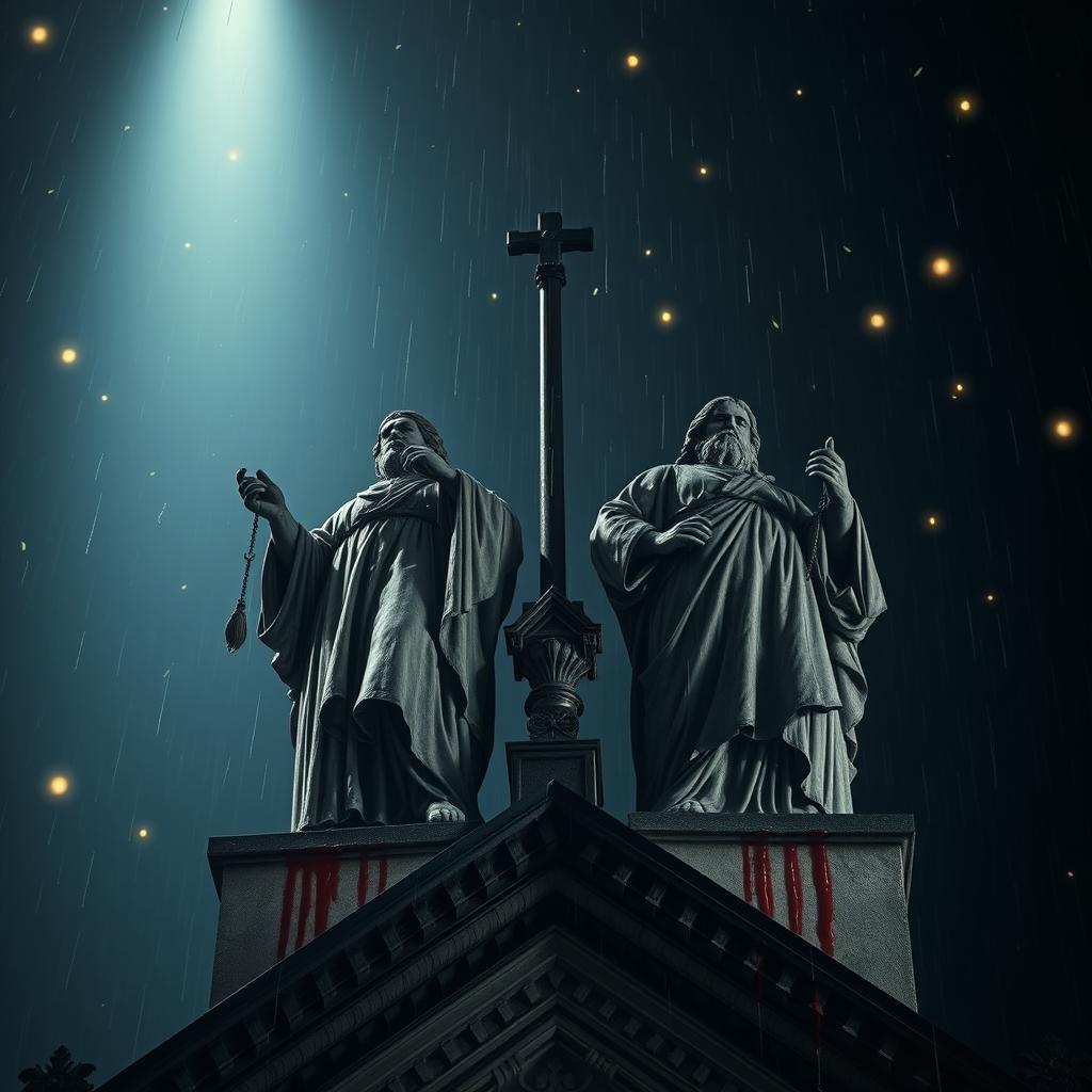 A dramatic perspective of two statues of saintly brothers, stained with blood, atop a cathedral at night