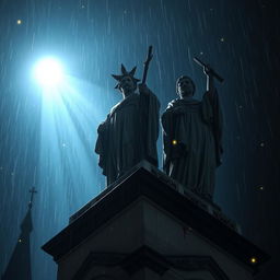 A dramatic perspective of two statues of saintly brothers, stained with blood, atop a cathedral at night
