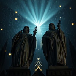 A dramatic perspective of two statues of saintly brothers, stained with blood, atop a cathedral at night