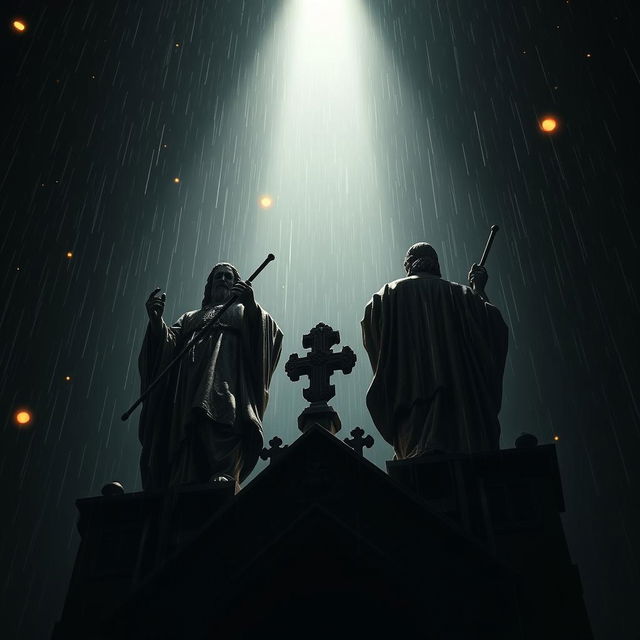 A dramatic perspective of two statues of saintly brothers, stained with blood, atop a cathedral at night