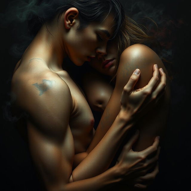 A dramatic scene capturing the essence of manipulation, depicted through two figures intimately close, skin to skin, with a charged atmosphere of emotional tension