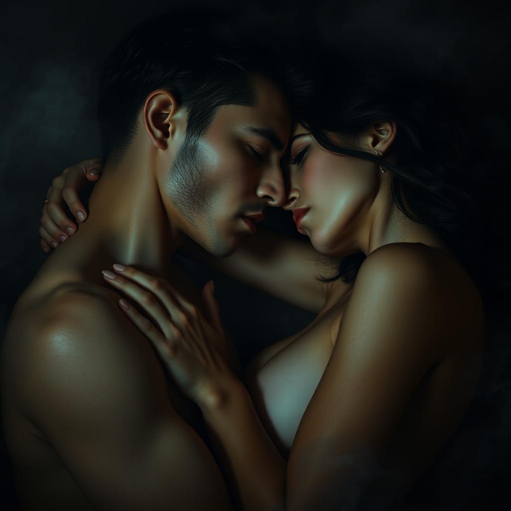 A dramatic scene capturing the essence of manipulation, depicted through two figures intimately close, skin to skin, with a charged atmosphere of emotional tension