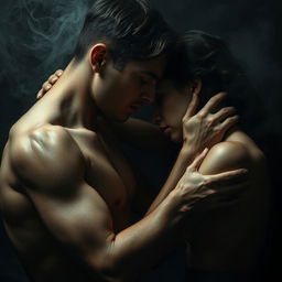 A dramatic scene capturing the essence of manipulation, depicted through two figures intimately close, skin to skin, with a charged atmosphere of emotional tension