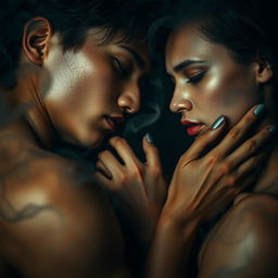 A dramatic scene capturing the essence of manipulation, depicted through two figures intimately close, skin to skin, with a charged atmosphere of emotional tension