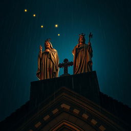 A dramatic perspective of two statues of saints stained with blood on top of a cathedral at night