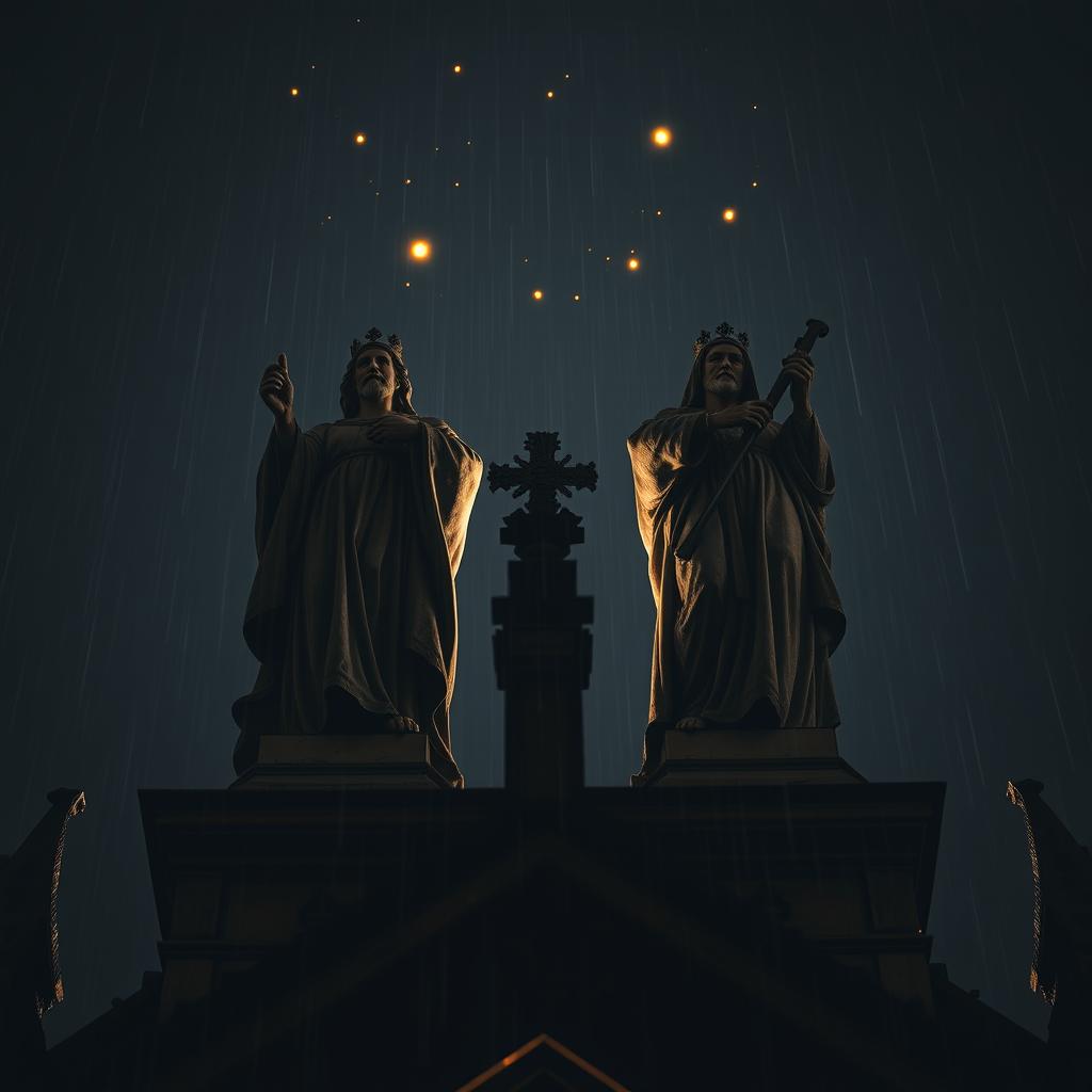 A dramatic perspective of two statues of saints stained with blood on top of a cathedral at night