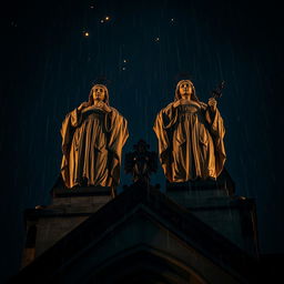 A dramatic perspective of two statues of saints stained with blood on top of a cathedral at night