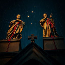 A dramatic perspective of two statues of saints stained with blood on top of a cathedral at night