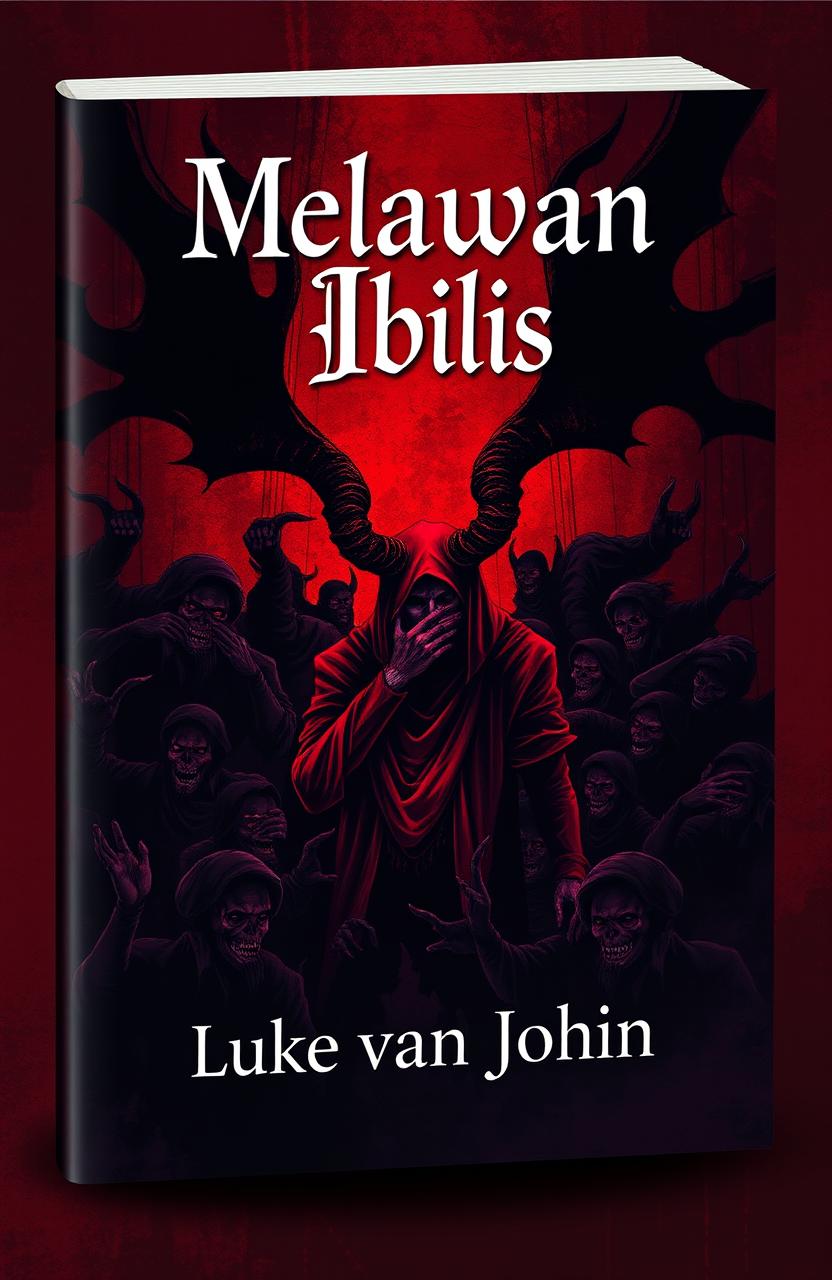 A book cover design for 'Melawan Iblis' by Luke van John, featuring an abstract illustration of a sinister scene where a prominent satan figure is whispering