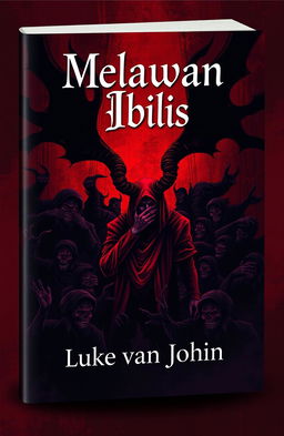 A book cover design for 'Melawan Iblis' by Luke van John, featuring an abstract illustration of a sinister scene where a prominent satan figure is whispering