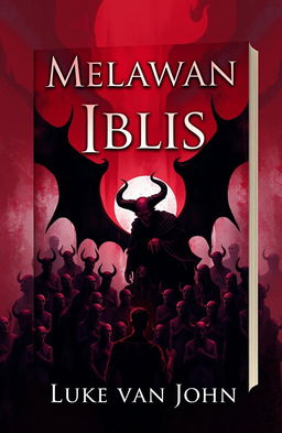 A book cover design for 'Melawan Iblis' by Luke van John, featuring an abstract illustration of a sinister scene where a prominent satan figure is whispering
