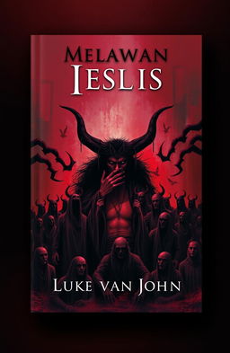 A book cover design for 'Melawan Iblis' by Luke van John, featuring an abstract illustration of a sinister scene where a prominent satan figure is whispering