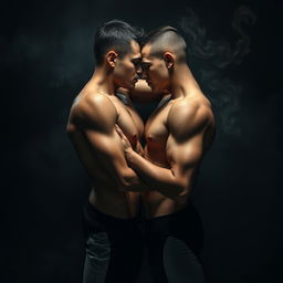 A dramatic scene capturing the essence of manipulation, depicted through two figures intimately close, skin to skin, wearing sport clothes that accentuate their athletic physiques