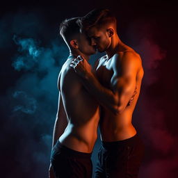 A dramatic scene capturing the essence of manipulation, depicted through two figures intimately close, skin to skin, wearing sport clothes that accentuate their athletic physiques