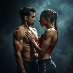A dramatic scene capturing the essence of manipulation, depicted through two figures intimately close, skin to skin, wearing sport clothes that accentuate their athletic physiques